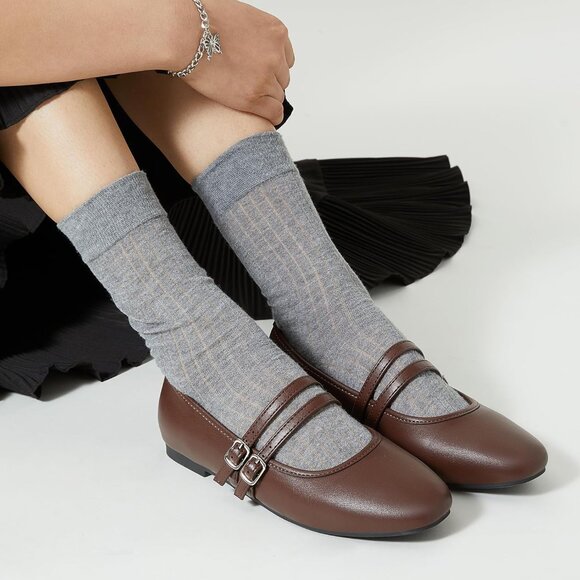 Trary Women Dark Brown Polyurethane Square Toe Slip On Buckle Strap Ballet Flats - Picture 5 of 6